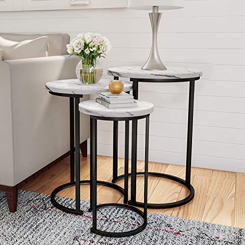 Set of 3 Round Vintage Wooden/Steel Nesting Side Coffee Tables Stacking Sofa Side, Space Saving Coffee Tea Table for Hallway Living Room Bedroom Office Black Marble Look Large, Medium & Small (Black) HYGRAD BUILT TO SURVIVE
