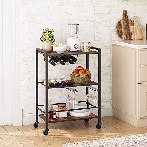 3 Tier Rolling Industrial Design Rustic Wooden Bar Kitchen Food Serving Cart Trolley Wheels Bar Cart, Kitchen Cart with Lockable Wheels, for Dining Rooms, Living Room, Garden, Party, Bar HYGRAD BUILT TO SURVIVE