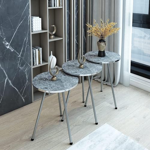 HYGRAD BUILT TO SURVIVE Set Of 3 Modern Chic Round Wood/Metal Nesting End Stacking Coffee Bedside Tables In 3 Colours (Grey) HYGRAD BUILT TO SURVIVE