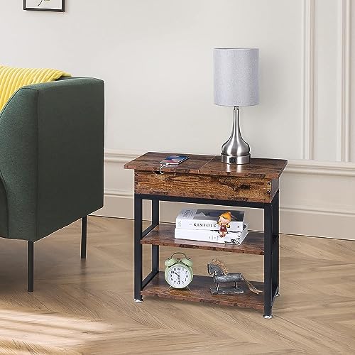 HYGRAD BUILT TO SURVIVE 3 Tier Industrial Look Wooden Metal Flip Top Rolling Wheels Portable End Side Table With UK Charging Station & USB Ports HYGRAD BUILT TO SURVIVE
