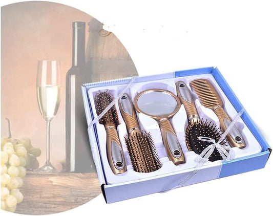 5 Piece Hair Styling Salon Professional Brush Comb Gift Set Kit With Mirror In Red & Gold HYGRAD BUILT TO SURVIVE