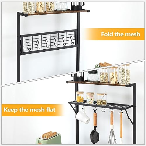 HYGRAD BUILT TO SURVIVE 4 Tier Industrial Look Wooden Multipurpose Kitchen Home Storage Rack Table Shelf With Hooks & Basket HYGRAD BUILT TO SURVIVE