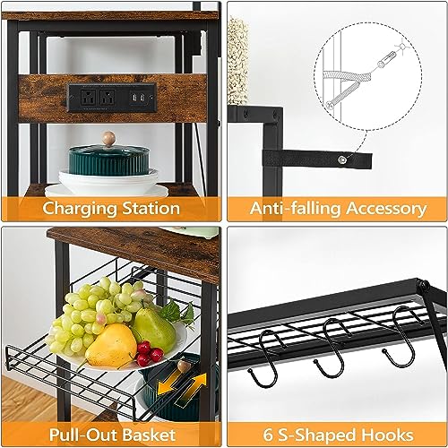 HYGRAD BUILT TO SURVIVE 4 Tier Industrial Look Wooden Multipurpose Kitchen Home Storage Rack Table Shelf With Hooks & Basket HYGRAD BUILT TO SURVIVE