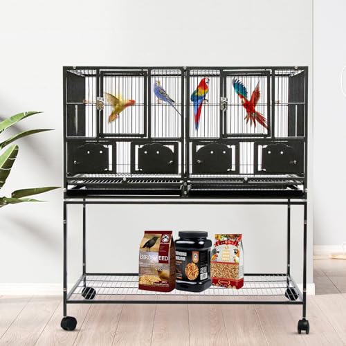 42" Single Stackable Deep & Wide Breeding Center Divider Nest Box Bird Rolling Stand Cage Divided Breeder Parakeet Bird Cage for Canary Cockatiel Parrot Lovebird (Black 95x60x104cm) HYGRAD BUILT TO SURVIVE