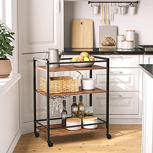 HYGRAD BUILT TO SURVIVE 3 Tier Rolling Industrial Design Rustic Look Wooden Kitchen Food Serving Cart Trolley With Wheels & Glass Hooks HYGRAD BUILT TO SURVIVE