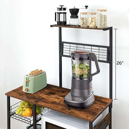 HYGRAD BUILT TO SURVIVE 4 Tier Industrial Look Wooden Multipurpose Kitchen Home Storage Rack Table Shelf With Hooks & Basket HYGRAD BUILT TO SURVIVE