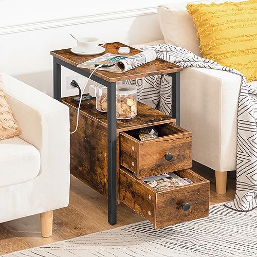 HYGRAD BUILT TO SURVIVE Industrial Look Wooden Narrow Side End Table Nightstand With Charging Station UK Plugs, USB Ports & Drawers HYGRAD BUILT TO SURVIVE