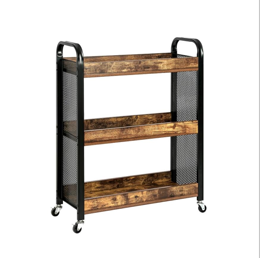 HYGRAD BUILT TO SURVIVE Wooden/Metal Industrial Look Rustic Narrow Rolling Kitchen Serving Cart Shelf Organiser Trolley With Wheels HYGRAD BUILT TO SURVIVE