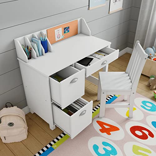 Wooden White Study Desk for Children with Chair, Bulletin Board and Drawers, Gift for Ages 5-14 Computer Desk Home School Student Study PC Writing Desks Table for Small Spaces Teen Work HYGRAD BUILT TO SURVIVE