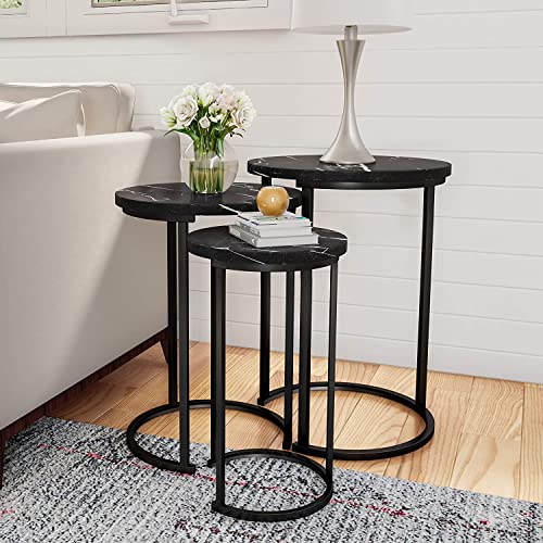 Set of 3 Round Vintage Wooden/Steel Nesting Side Coffee Tables Stacking Sofa Side, Space Saving Coffee Tea Table for Hallway Living Room Bedroom Office Black Marble Look Large, Medium & Small (Black) HYGRAD BUILT TO SURVIVE