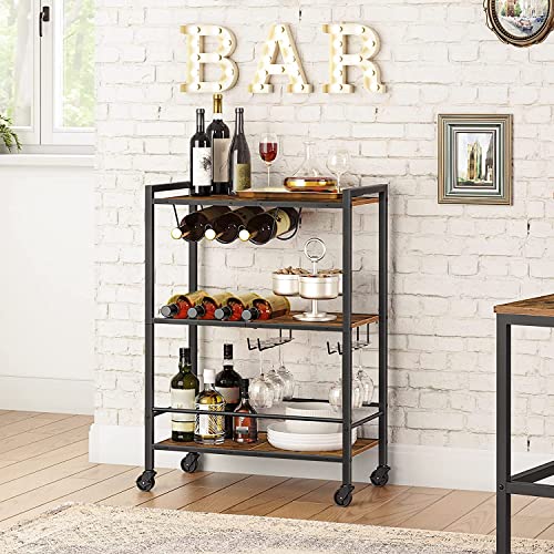 3 Tier Rolling Industrial Design Rustic Wooden Bar Kitchen Food Serving Cart Trolley Wheels Bar Cart, Kitchen Cart with Lockable Wheels, for Dining Rooms, Living Room, Garden, Party, Bar HYGRAD BUILT TO SURVIVE