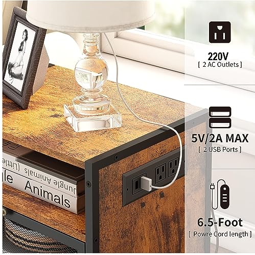 HYGRAD BUILT TO SURVIVE 3 Tier Industrial Look Wooden Nightstand Bedside Table With Drawer Storage & Charging Station UK Outlets USB Ports HYGRAD BUILT TO SURVIVE