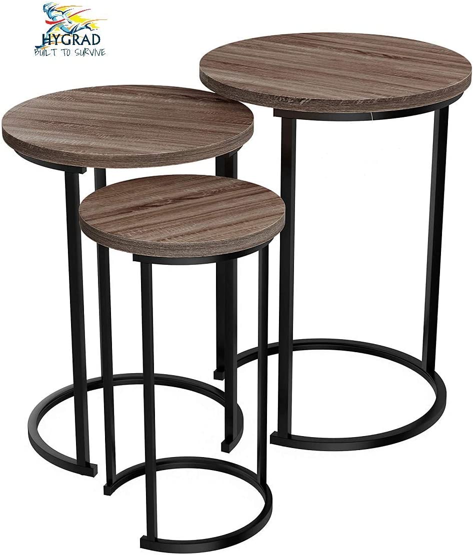 HYGRAD BUILT TO SURVIVE Set of 3 Round Vintage Wooden/Steel Nesting Side Coffee Tables Hallway Bedroom Living Furniture HYGRAD BUILT TO SURVIVE