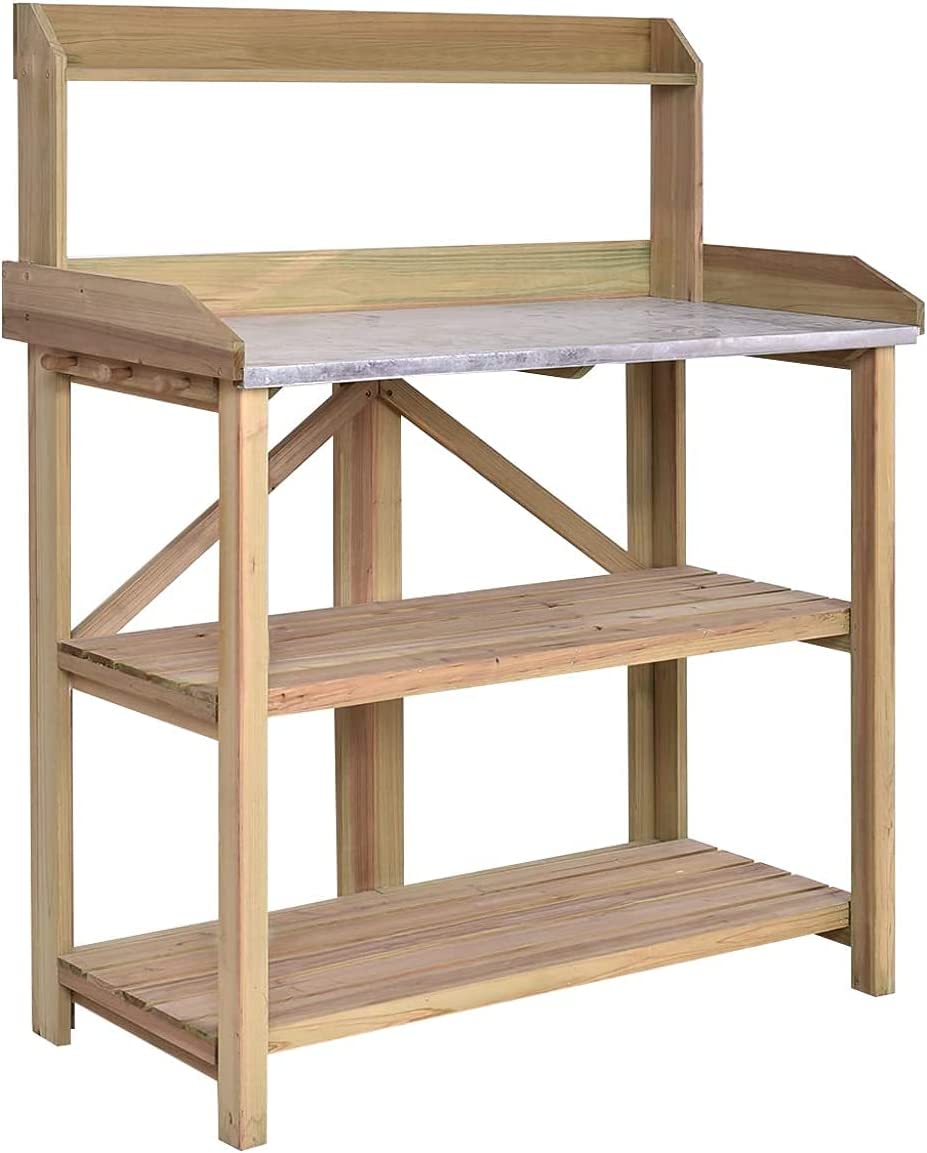 HYGRAD BUILT TO SURVIVE 3 Tier Wooden Potting Planting Outdoor Garden Work Bench Table Station Storage Shelf With Tray & A Drawer HYGRAD BUILT TO SURVIVE