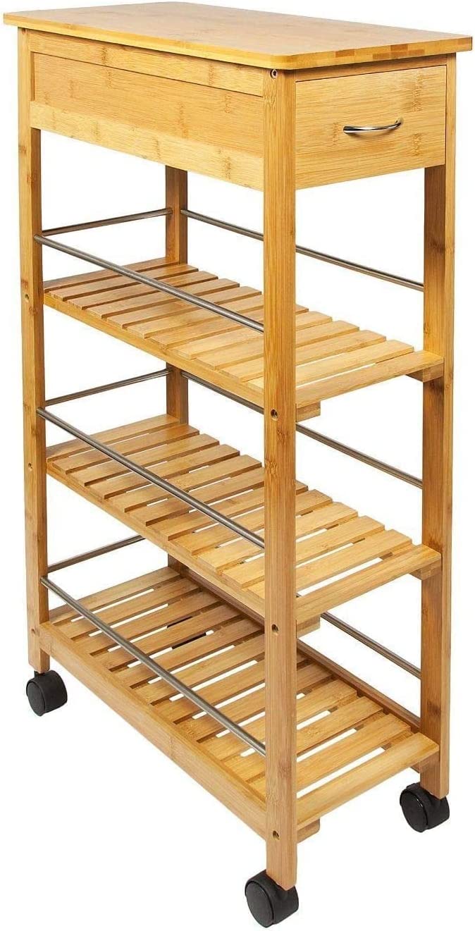 HYGRAD BUILT TO SURVIVE 4 Tier Slim Portable Natural Bamboo Space Saver Wood Kitchen Trolley Organiser Cart Island Storage Basket HYGRAD BUILT TO SURVIVE