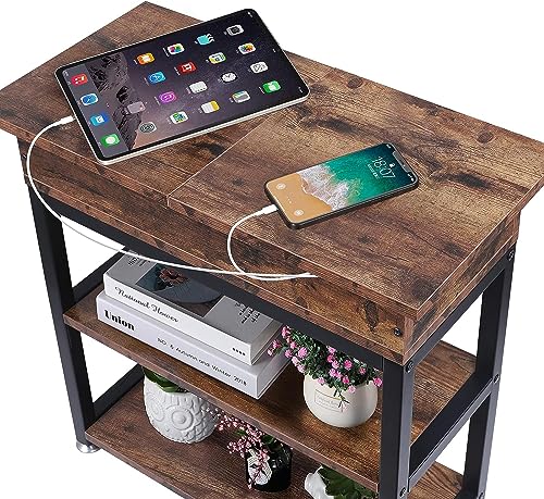 HYGRAD BUILT TO SURVIVE 3 Tier Industrial Look Wooden Metal Flip Top Rolling Wheels Portable End Side Table With UK Charging Station & USB Ports HYGRAD BUILT TO SURVIVE