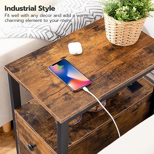 HYGRAD BUILT TO SURVIVE Industrial Look Wooden Narrow Side End Table Nightstand With Charging Station UK Plugs, USB Ports & Drawers HYGRAD BUILT TO SURVIVE