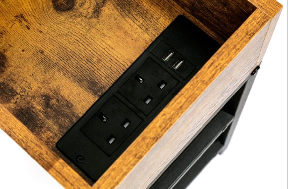 HYGRAD BUILT TO SURVIVE 3 Tier Industrial Look Wooden Metal Flip Top Rolling Wheels Portable End Side Table With UK Charging Station & USB Ports HYGRAD BUILT TO SURVIVE