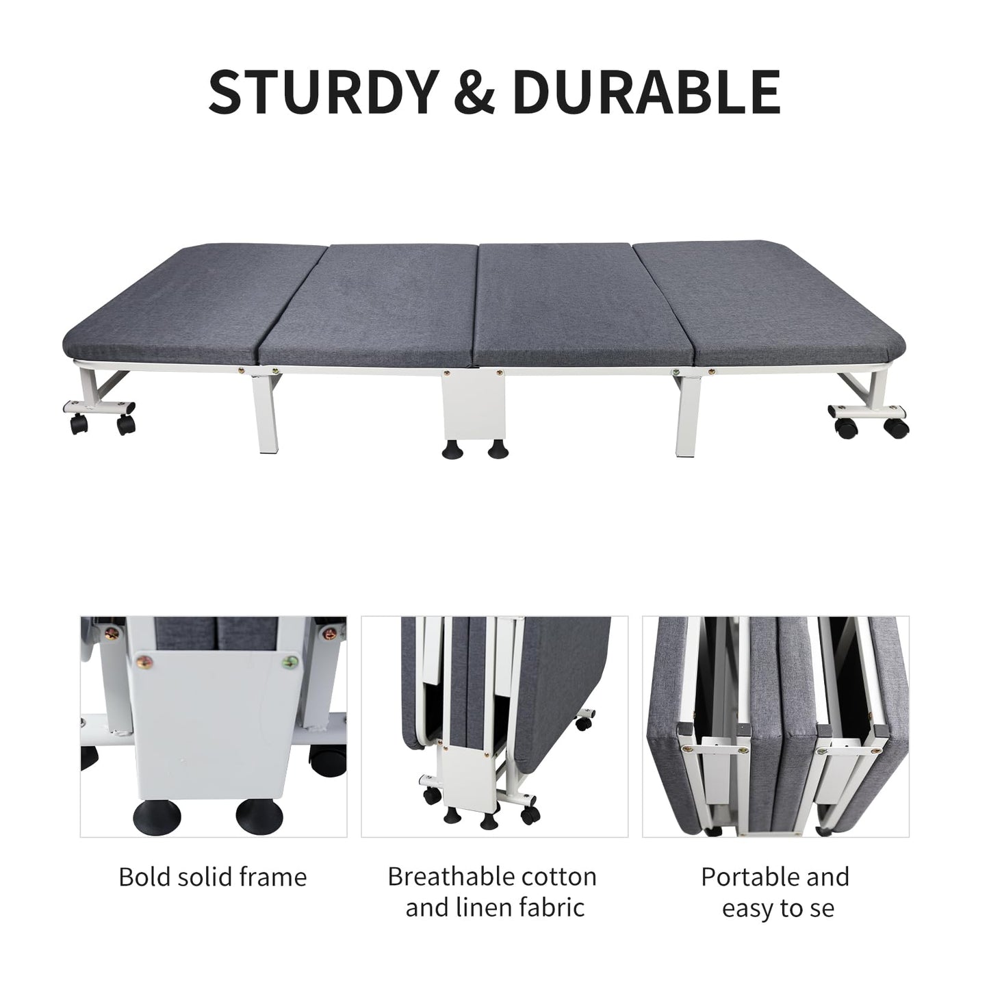 HYGRAD BUILT TO SURVIVE White Metal Rollaway Folding Reclining Massage Garden Hospital Cot Bed With Grey Mattress (190.5 x 79.5 x 27.5 cm) HYGRAD BUILT TO SURVIVE