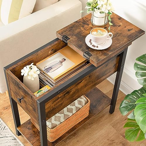 HYGRAD BUILT TO SURVIVE Industrial Look 2 Tier Wooden End Table Night Stand Drawer Cabinet Narrow, Slim Bedside Table for Small Spaces, Flip Top with Storage Shelf, Lamp Table for Sofa, Rustic Brown HYGRAD BUILT TO SURVIVE