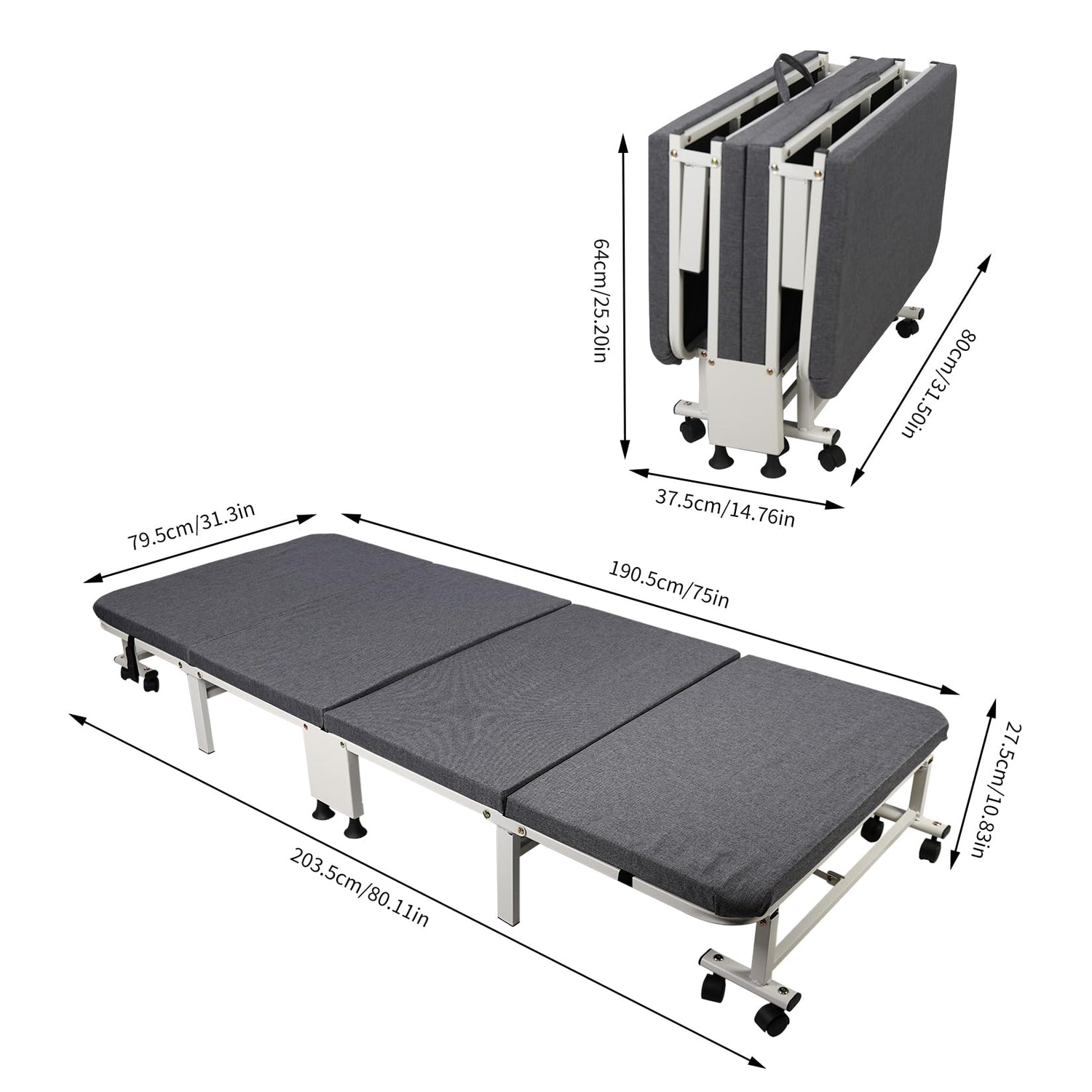 HYGRAD BUILT TO SURVIVE White Metal Rollaway Folding Reclining Massage Garden Hospital Cot Bed With Grey Mattress (190.5 x 79.5 x 27.5 cm) HYGRAD BUILT TO SURVIVE