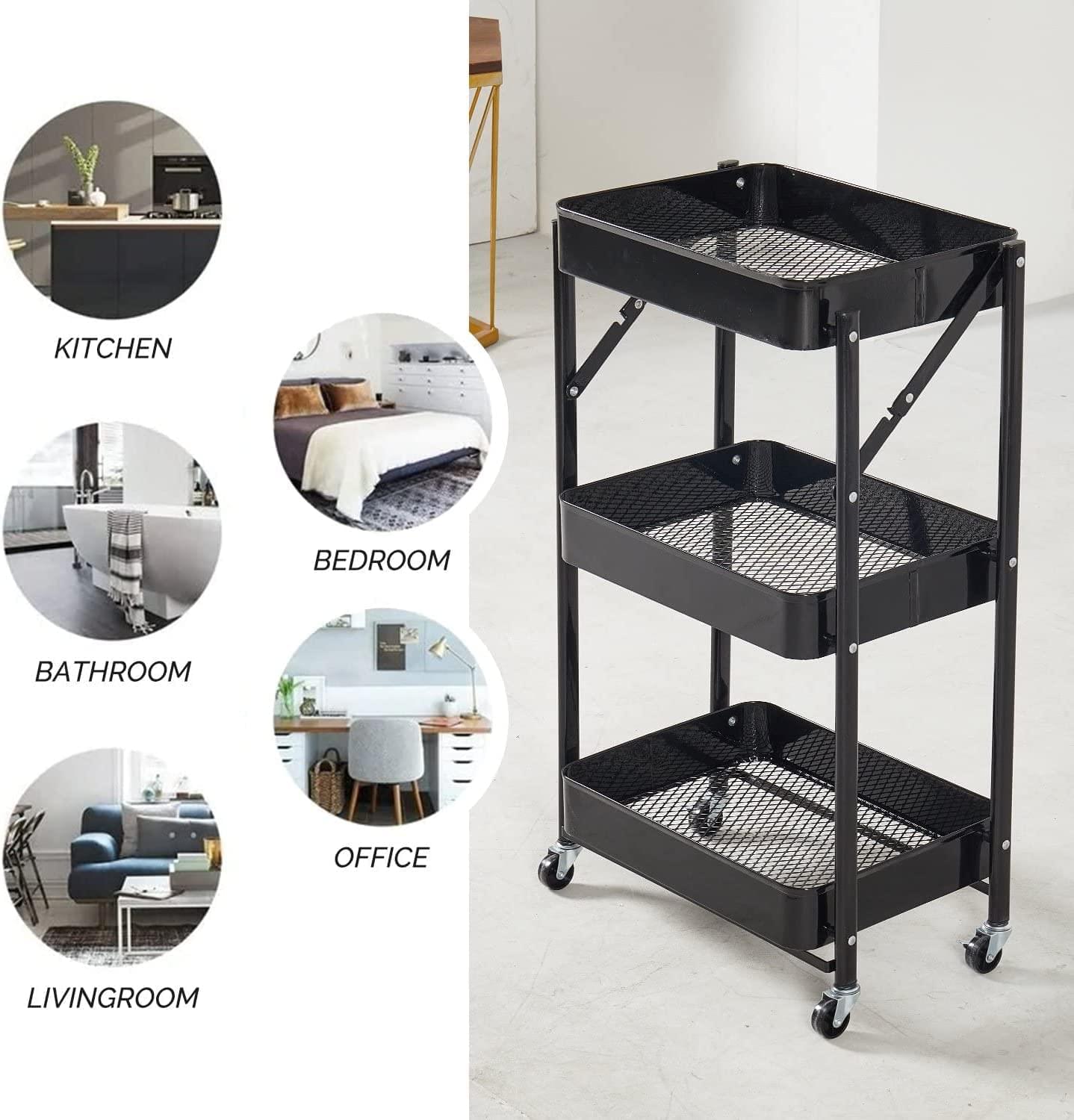 3 Tier Multipurpose Metal Mesh Rolling Foldable Cart Trolley For Salon Work Office Home HYGRAD BUILT TO SURVIVE