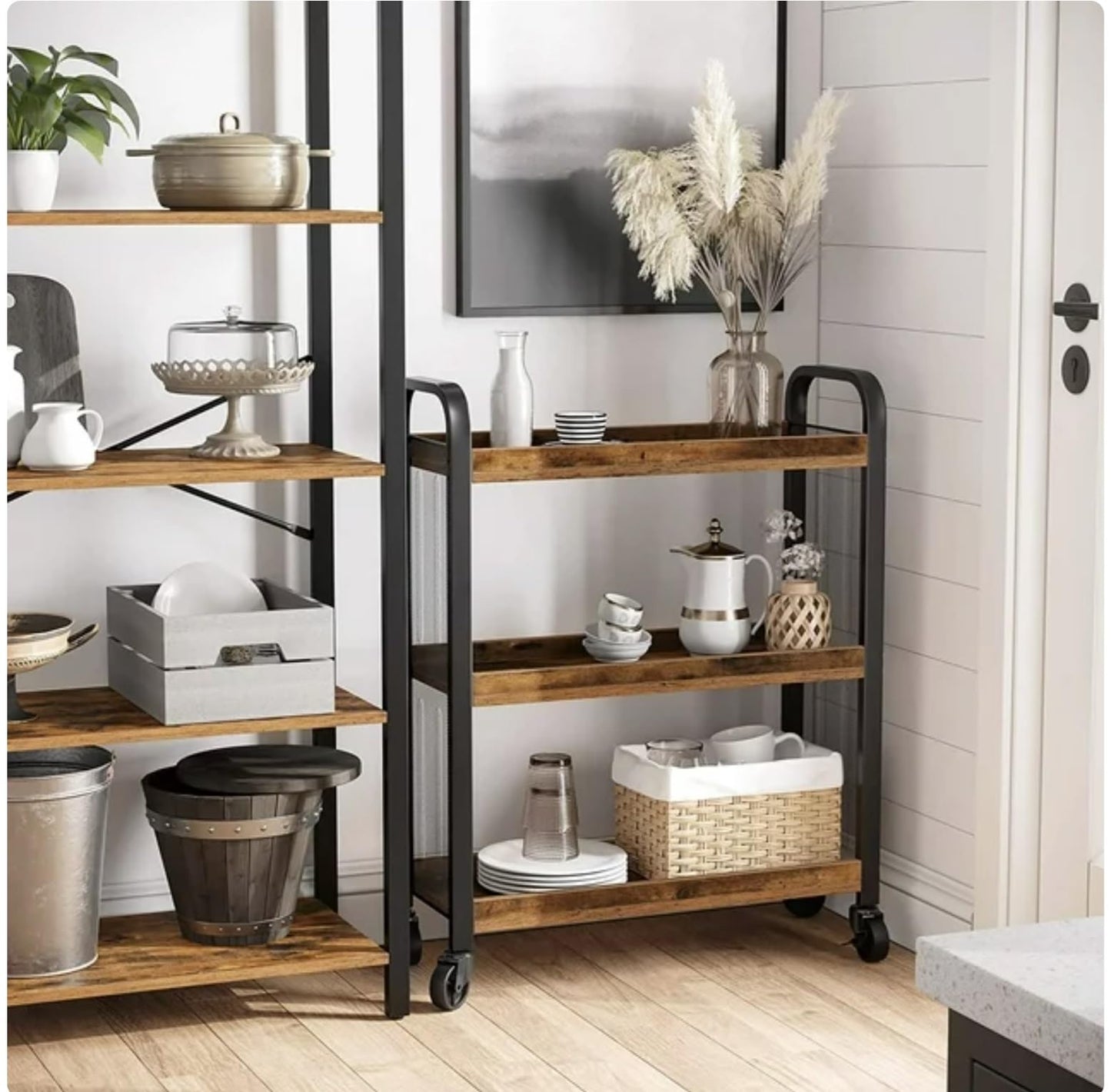 HYGRAD BUILT TO SURVIVE Wooden/Metal Industrial Look Rustic Narrow Rolling Kitchen Serving Cart Shelf Organiser Trolley With Wheels HYGRAD BUILT TO SURVIVE