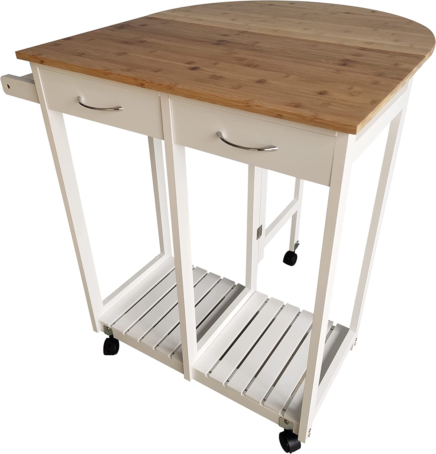 White Wooden Portable Drop Leaf Folding Rolling Kitchen Island Trolley Table Desk with Stools HYGRAD BUILT TO SURVIVE