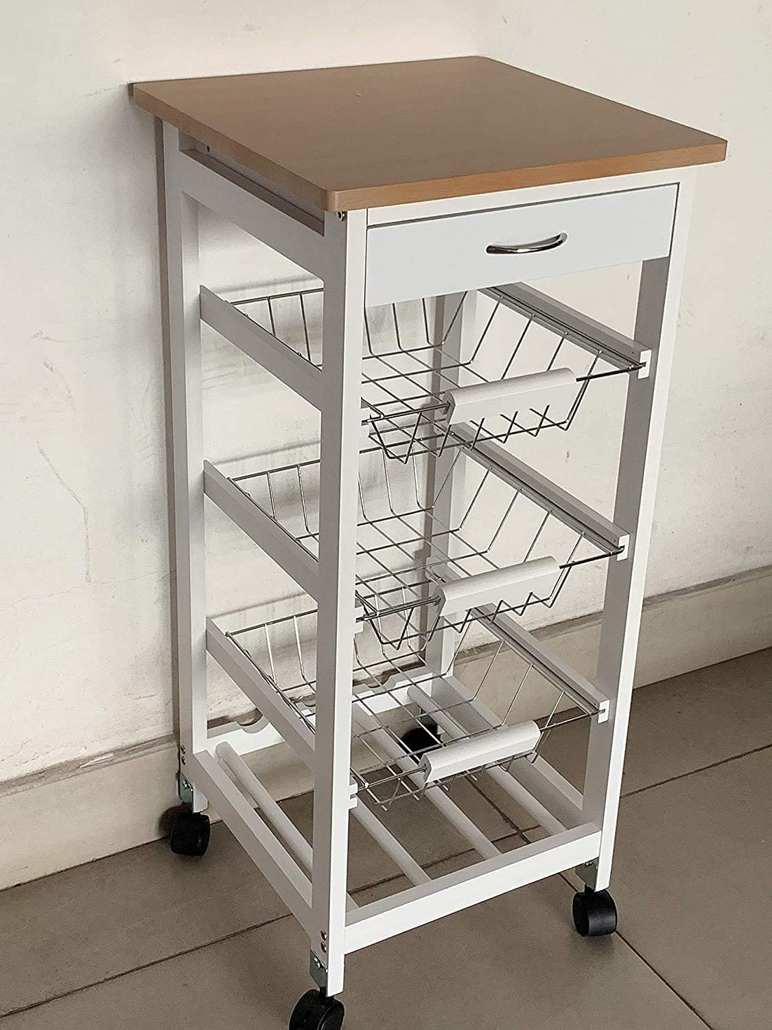 HYGRAD BUILT TO SURVIVE Kitchen Trolley White/Grey Wooden 3 Tier Rolling Basket Organiser Cabinet Cart (3 Basket + 1 Wine Rack) HYGRAD BUILT TO SURVIVE