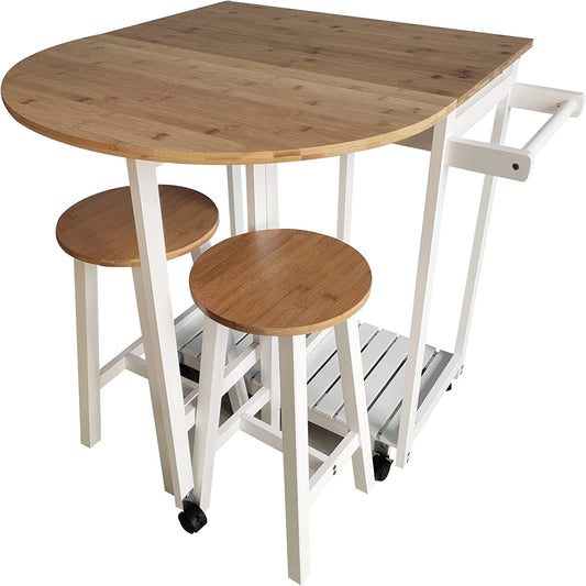 White Wooden Portable Drop Leaf Folding Rolling Kitchen Island Trolley Table Desk with Stools HYGRAD BUILT TO SURVIVE