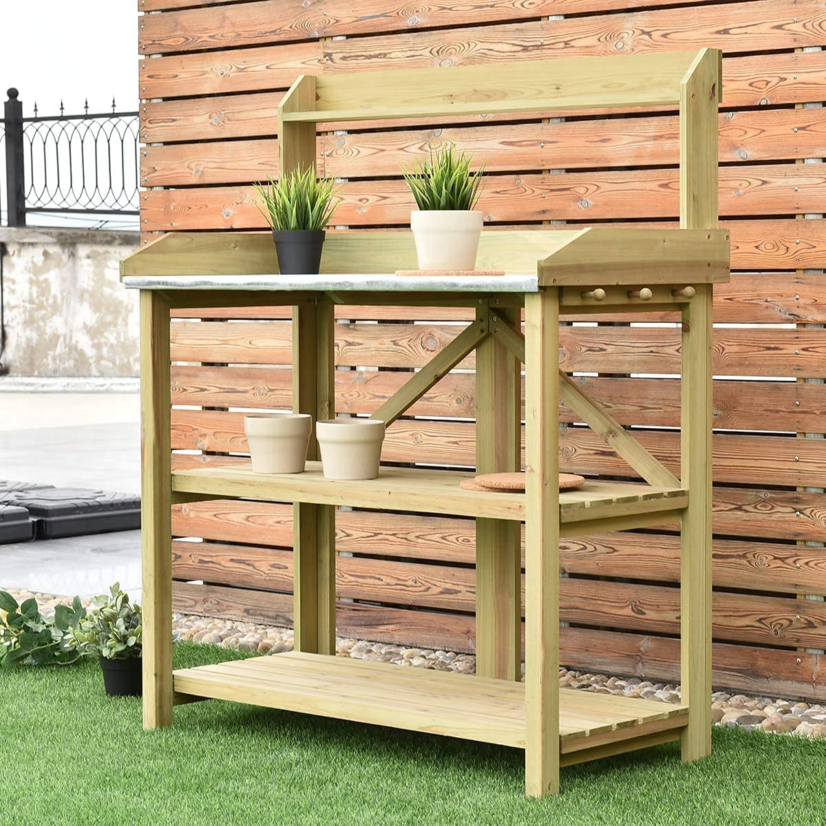 HYGRAD BUILT TO SURVIVE 3 Tier Wooden Potting Planting Outdoor Garden Work Bench Table Station Storage Shelf With Tray & A Drawer HYGRAD BUILT TO SURVIVE