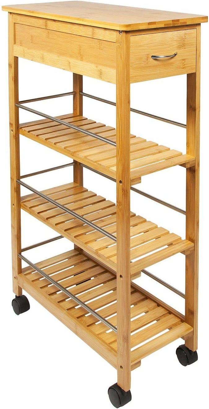 HYGRAD BUILT TO SURVIVE 4 Tier Slim Portable Natural Bamboo Space Saver Wood Kitchen Trolley Organiser Cart Island Storage Basket HYGRAD BUILT TO SURVIVE