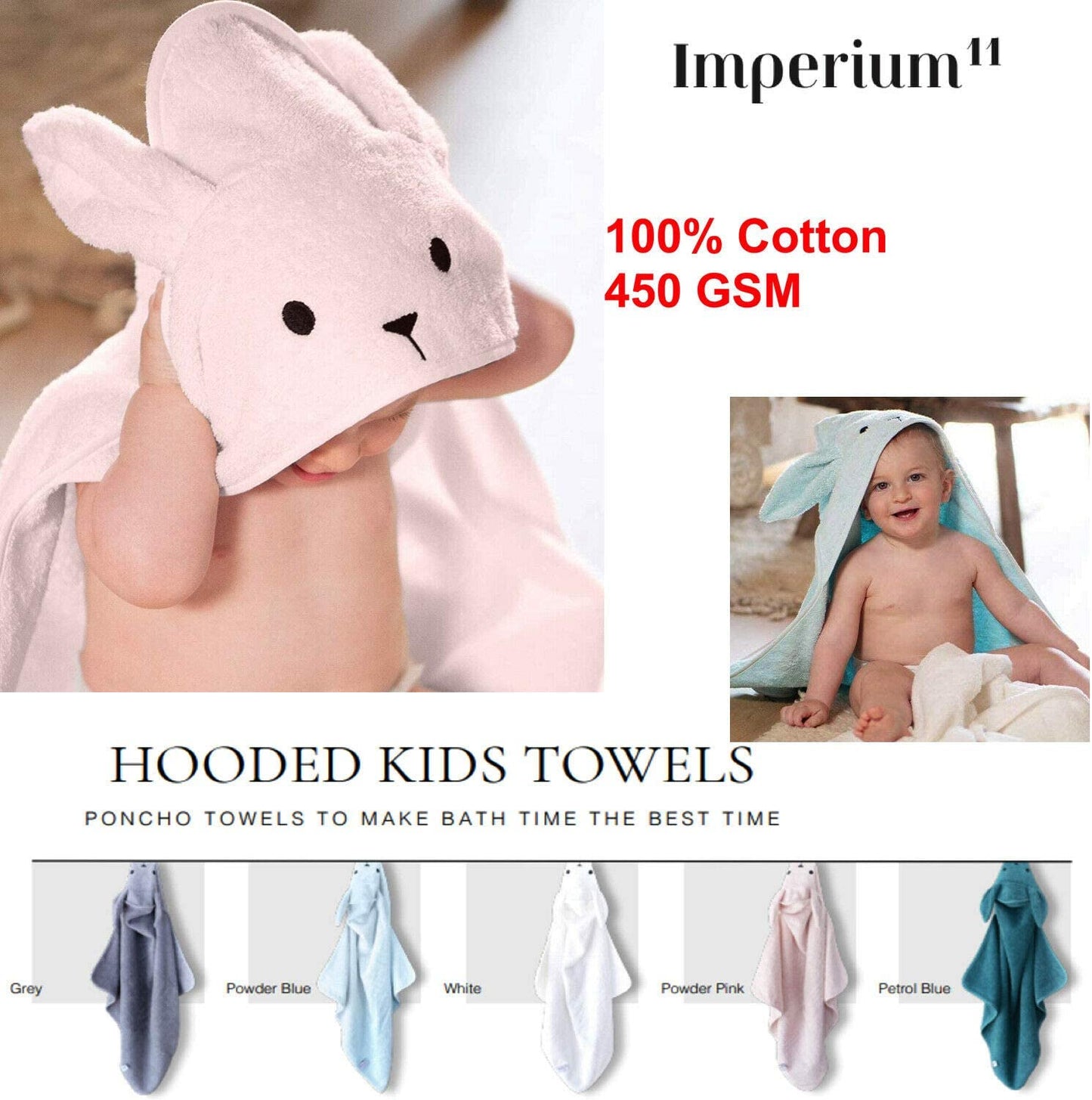 Imperium 11 100% Soft Cotton Hooded Bunny Rabbit Unisex Baby Kids Childern Towel Wrap up in 5 Colours HYGRAD BUILT TO SURVIVE