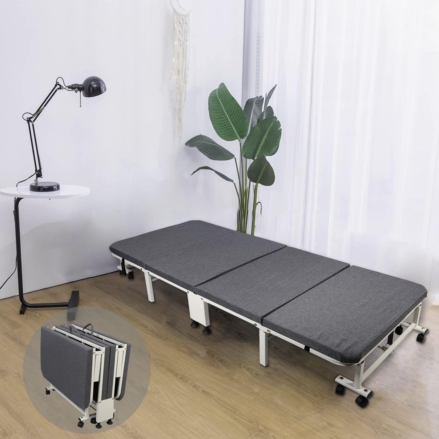 HYGRAD BUILT TO SURVIVE White Metal Rollaway Folding Reclining Massage Garden Hospital Cot Bed With Grey Mattress (190.5 x 79.5 x 27.5 cm) HYGRAD BUILT TO SURVIVE