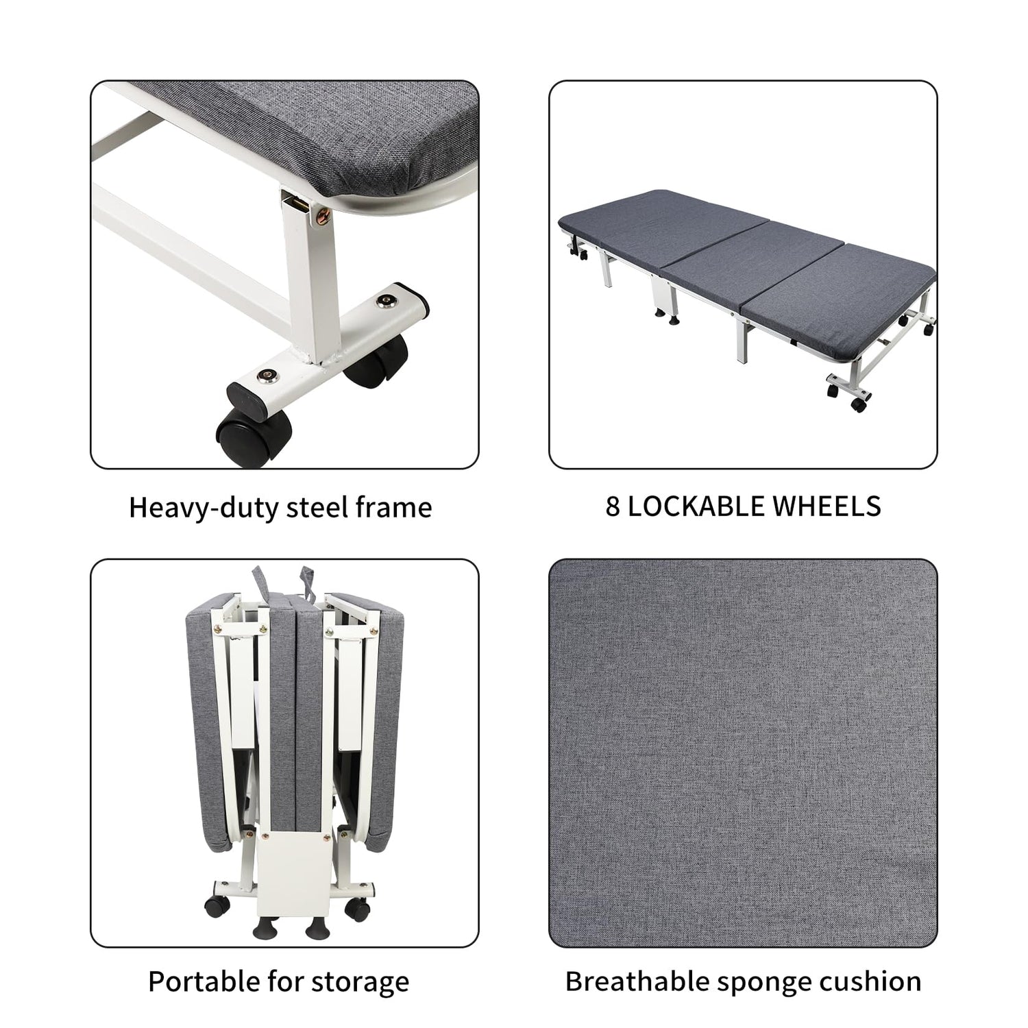 HYGRAD BUILT TO SURVIVE White Metal Rollaway Folding Reclining Massage Garden Hospital Cot Bed With Grey Mattress (190.5 x 79.5 x 27.5 cm) HYGRAD BUILT TO SURVIVE