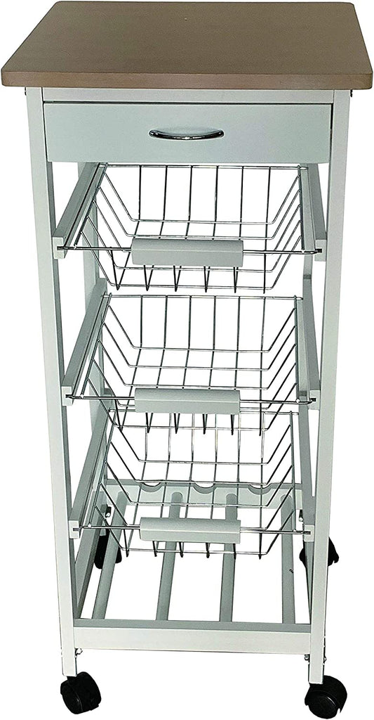 White Wooden 2 & 3 Tier Rolling Kitchen Trolley Basket Organiser Cabinet Cart Generic