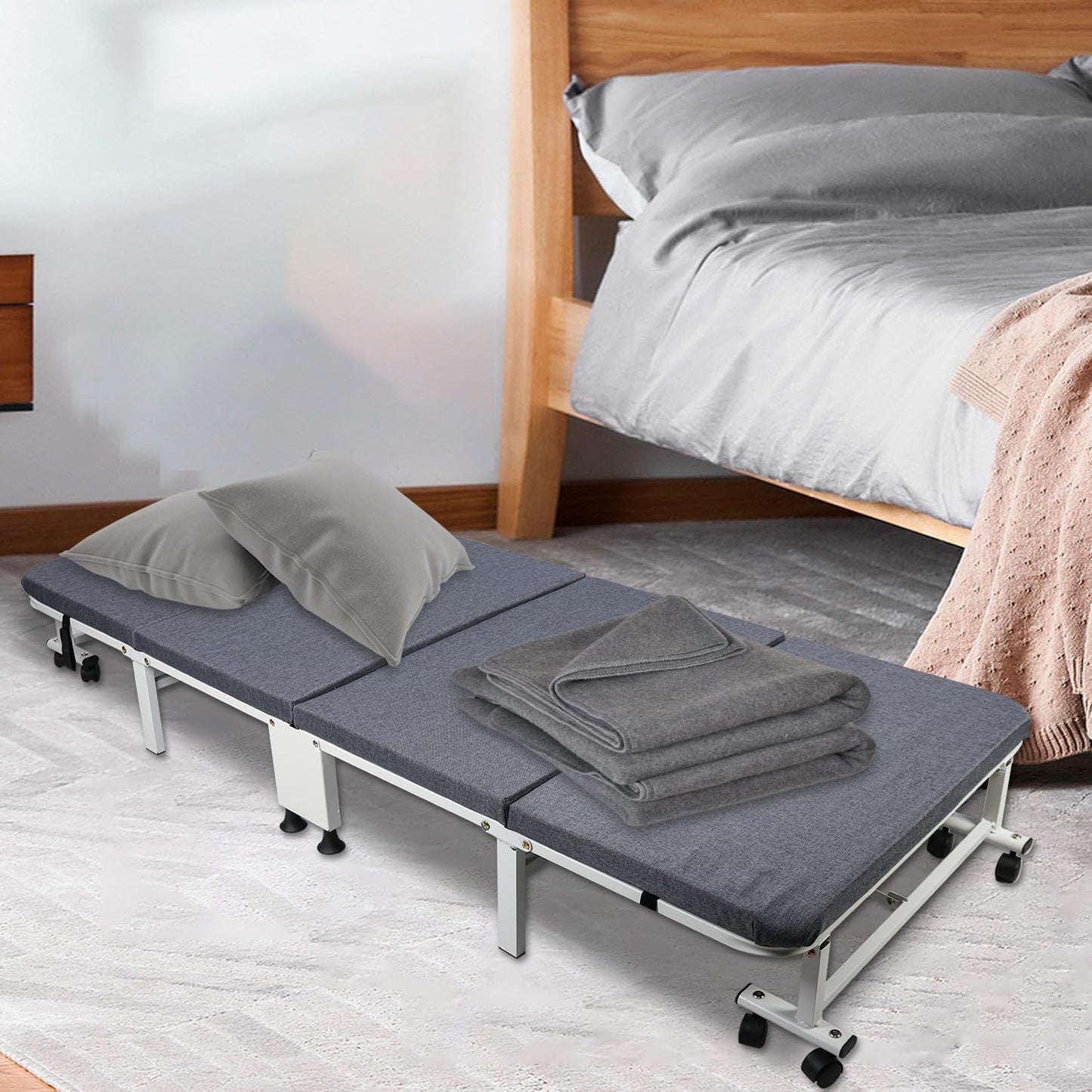 HYGRAD BUILT TO SURVIVE White Metal Rollaway Folding Reclining Massage Garden Hospital Cot Bed With Grey Mattress (190.5 x 79.5 x 27.5 cm) HYGRAD BUILT TO SURVIVE