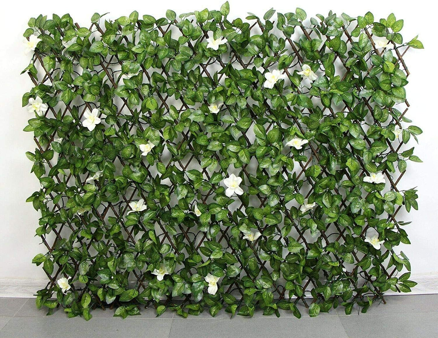 HYGRAD BUILT TO SURVIVE Expanding Wooden Garden Trellis Fence Screen With Artificial Plant Leaves & Flowers 1M x 2M (Not expanded) HYGRAD BUILT TO SURVIVE