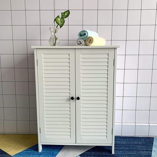 HYGRAD BUILT TO SURVIVE Cabinet White Bamboo Wood Free Standing 2 Door Bathroom Toilet Cabinet Organiser Shelf Cupboard HYGRAD BUILT TO SURVIVE