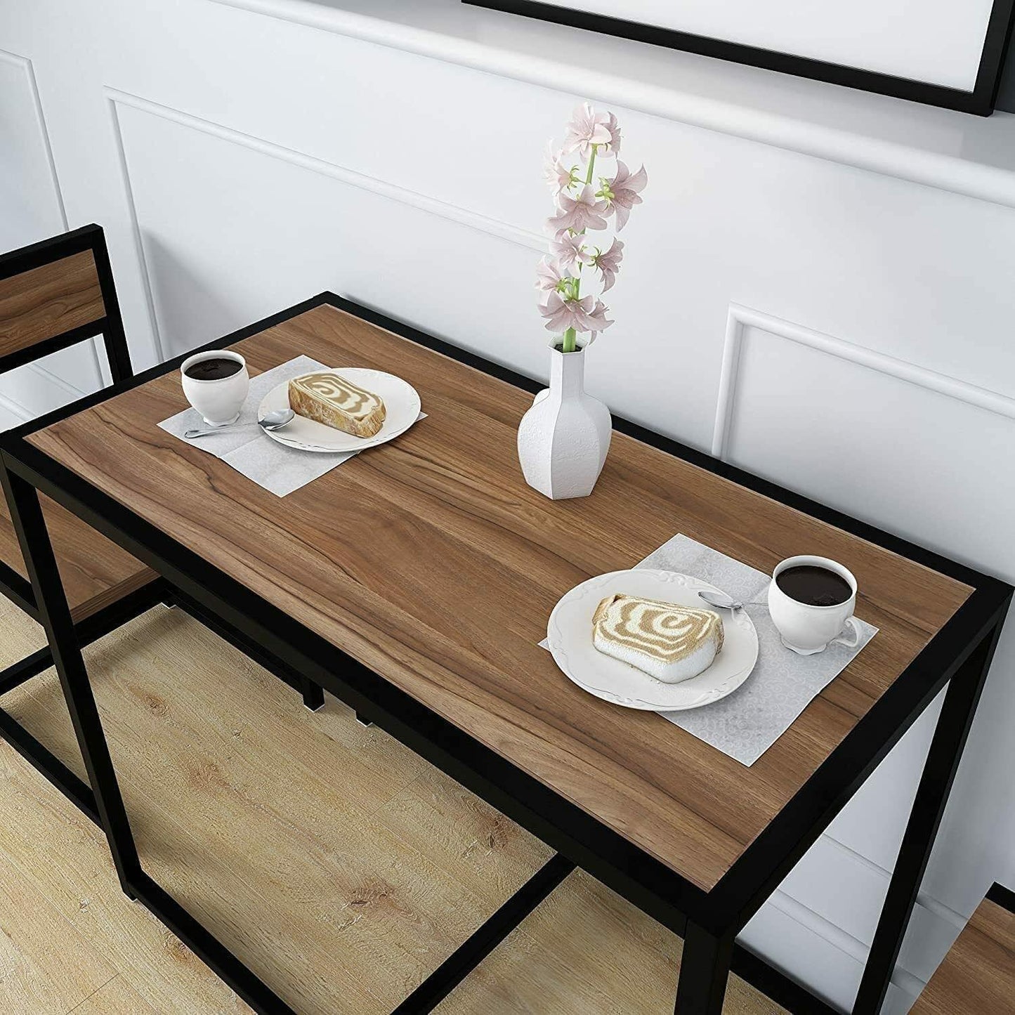 3 Pcs Industrial Walnut Wood/Metal Steel Dining Room Dinette Breakfast Kitchen Table & Chair Set HYGRAD BUILT TO SURVIVE