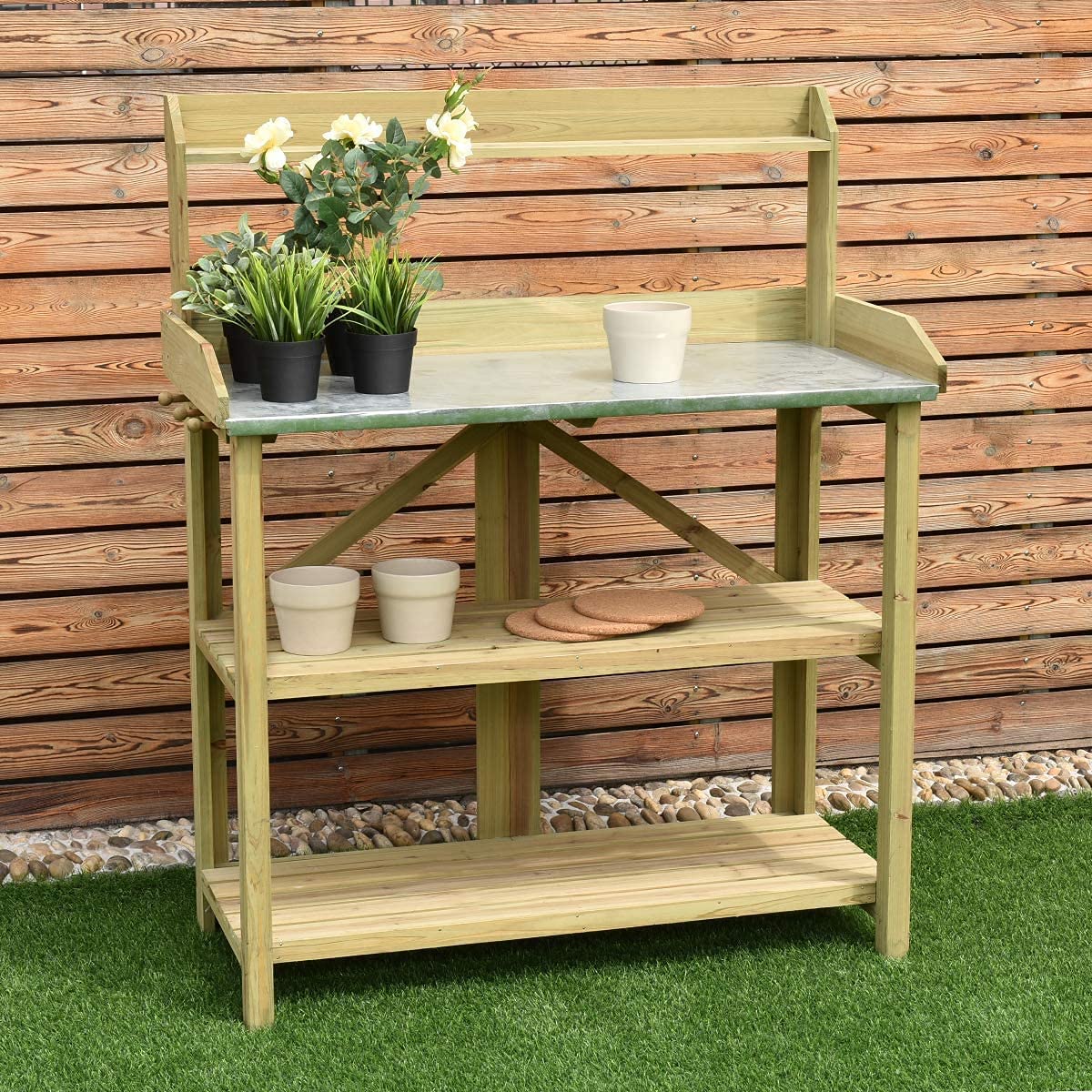 HYGRAD BUILT TO SURVIVE 3 Tier Wooden Potting Planting Outdoor Garden Work Bench Table Station Storage Shelf With Tray & A Drawer HYGRAD BUILT TO SURVIVE