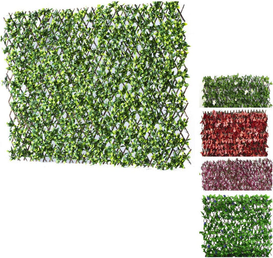 HYGRAD BUILT TO SURVIVE Expanding Wooden Garden Trellis Fence Screen With Artificial Plant Leaves & Flowers 1M x 2M (Not expanded) HYGRAD BUILT TO SURVIVE