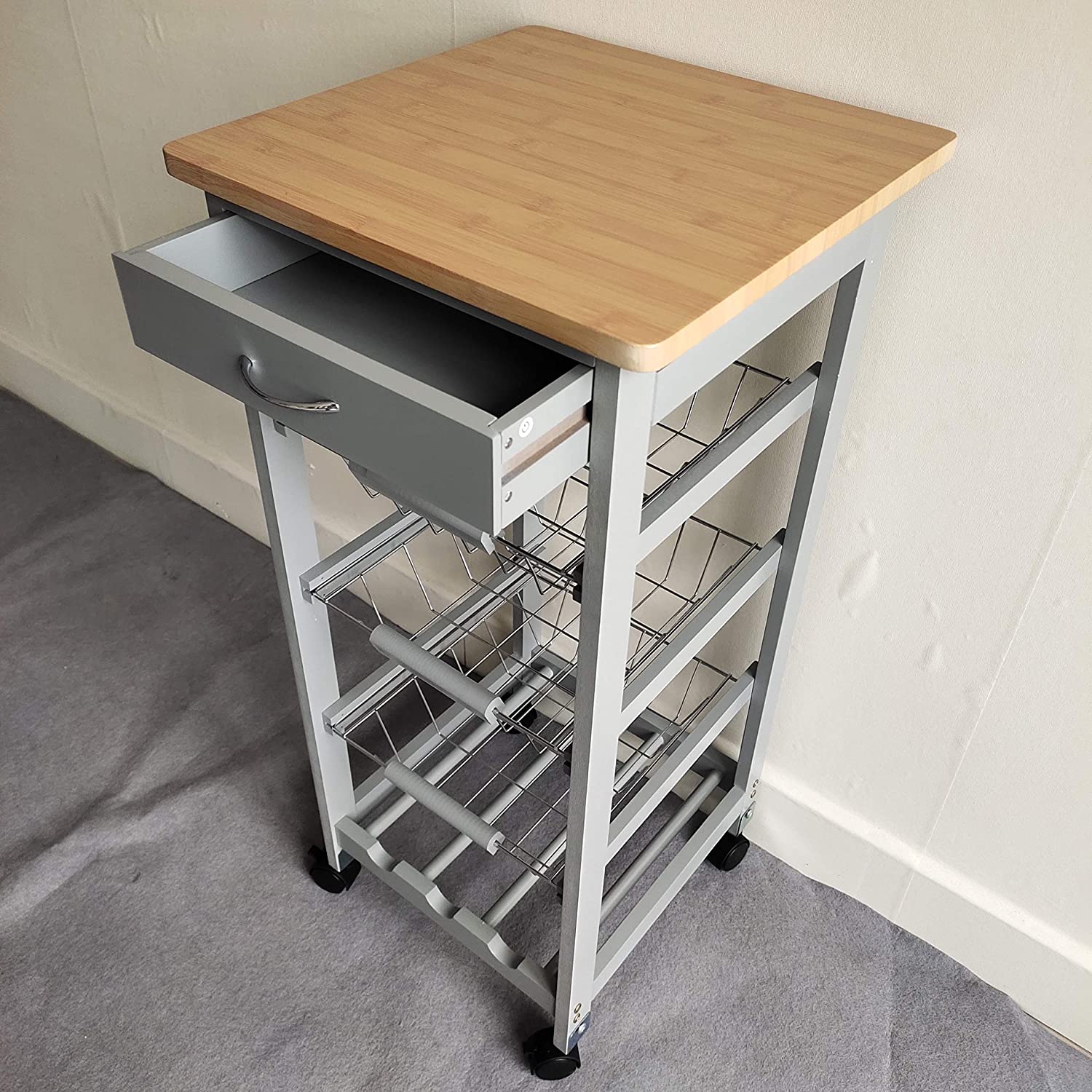 HYGRAD BUILT TO SURVIVE Kitchen Trolley White/Grey Wooden 3 Tier Rolling Basket Organiser Cabinet Cart (3 Basket + 1 Wine Rack) HYGRAD BUILT TO SURVIVE