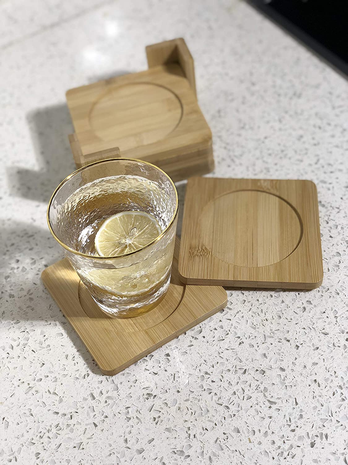 Coasters x 6 Bamboo Square Coaster Set in Bamboo with Coaster Holder HYGRAD BUILT TO SURVIVE