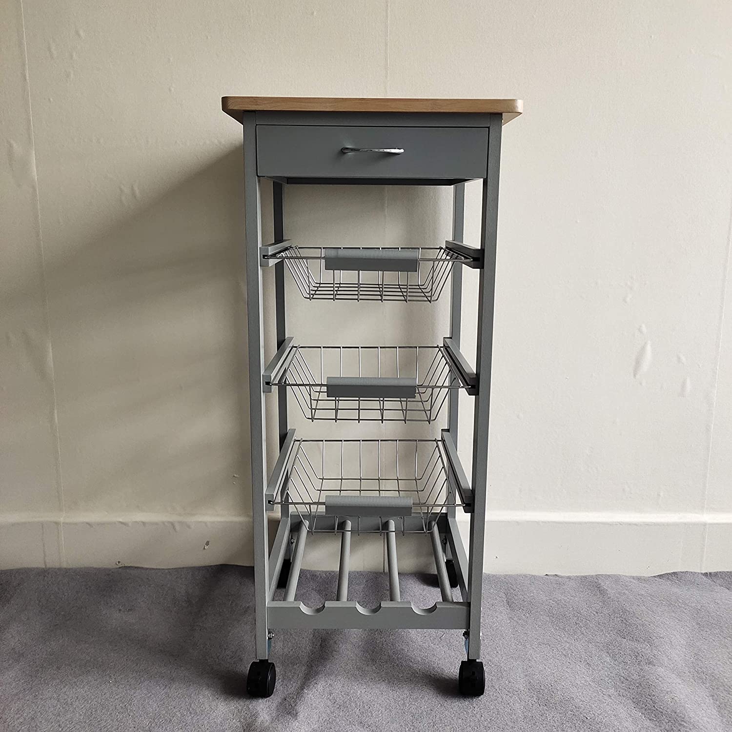HYGRAD BUILT TO SURVIVE Kitchen Trolley White/Grey Wooden 3 Tier Rolling Basket Organiser Cabinet Cart (3 Basket + 1 Wine Rack) HYGRAD BUILT TO SURVIVE