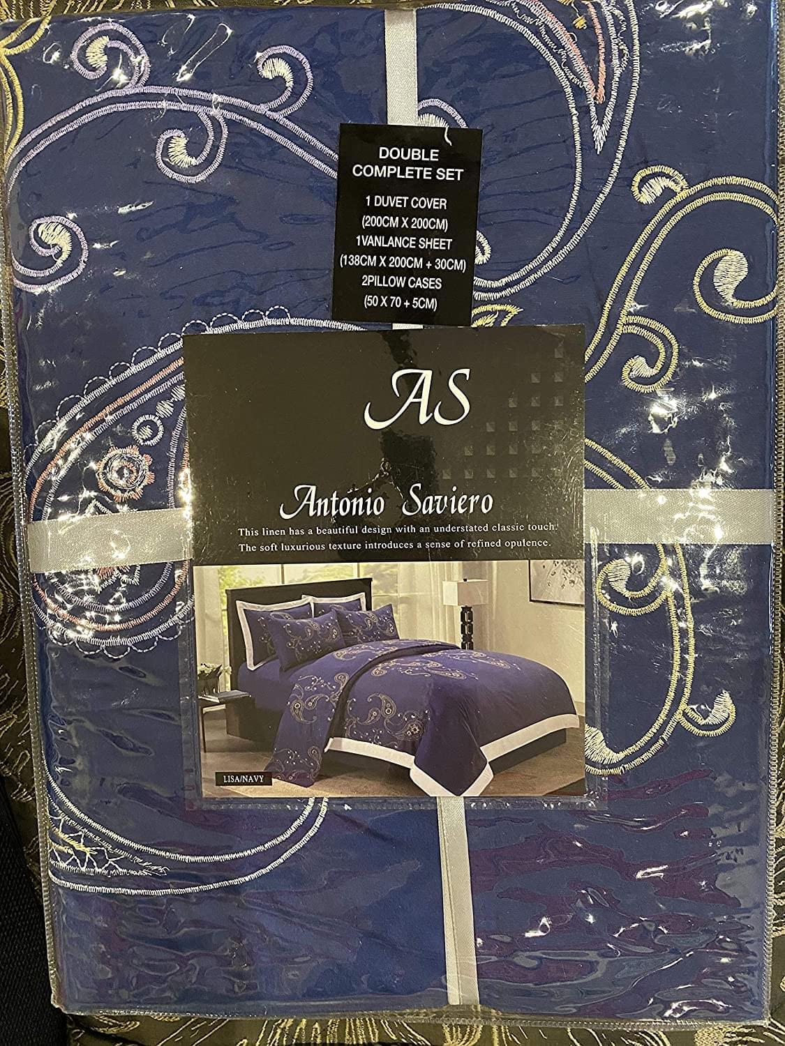 Antonio Saviero 4 Piece Complete Double Duvet Cover Bed Sheet Set Throw In Navy Blue Colour 200 x 200 cm Antonio Saviero