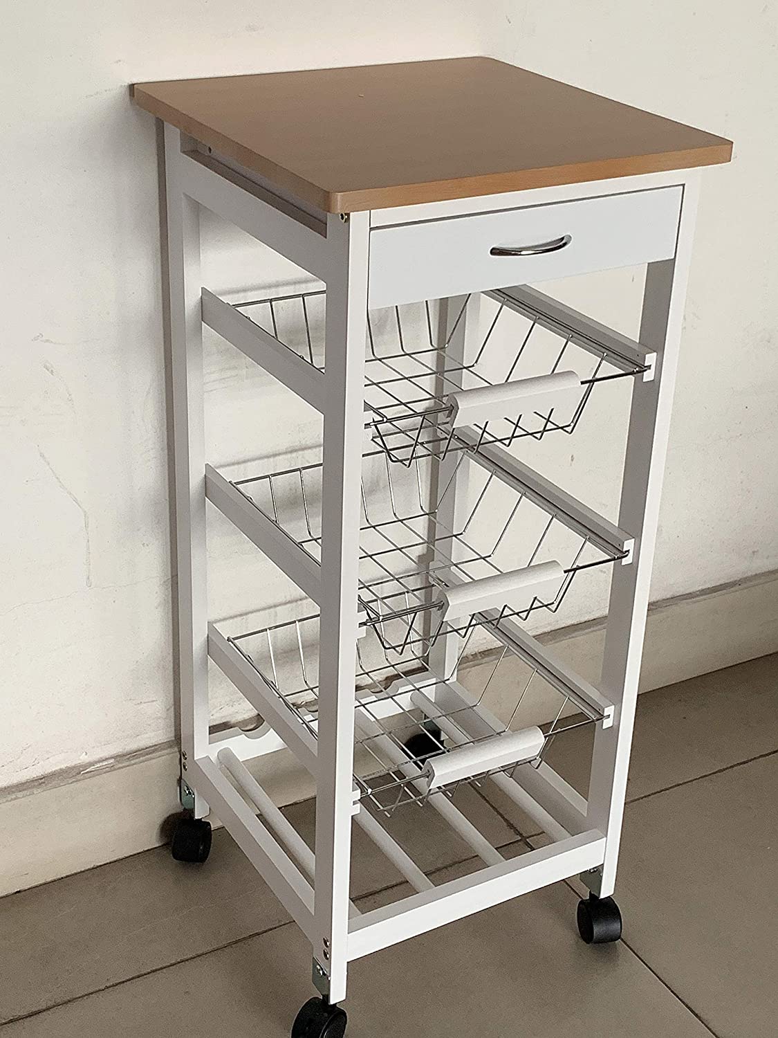 White Wooden 2 & 3 Tier Rolling Kitchen Trolley Basket Organiser Cabinet Cart Generic