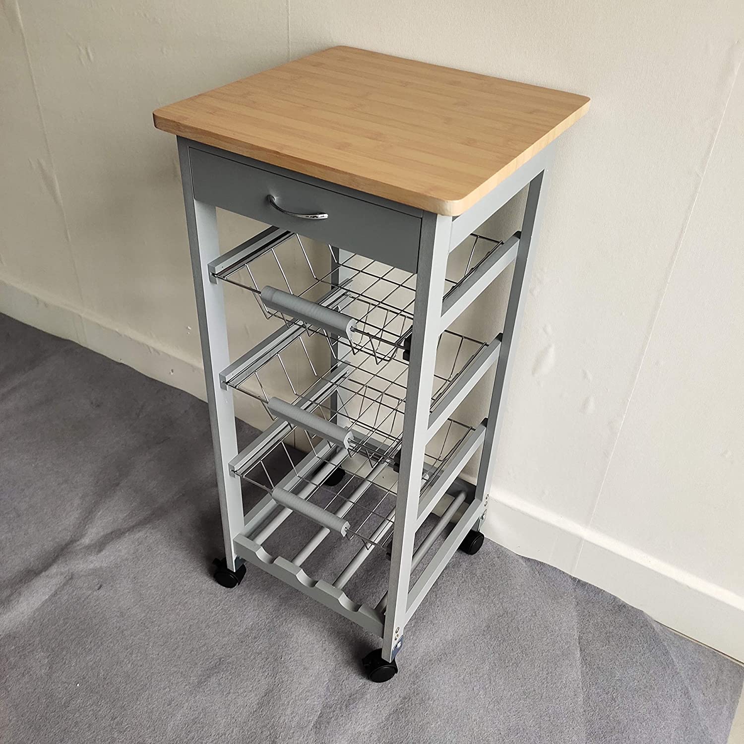 HYGRAD BUILT TO SURVIVE Kitchen Trolley White/Grey Wooden 3 Tier Rolling Basket Organiser Cabinet Cart (3 Basket + 1 Wine Rack) HYGRAD BUILT TO SURVIVE