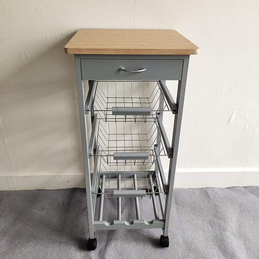 HYGRAD BUILT TO SURVIVE Kitchen Trolley White/Grey Wooden 3 Tier Rolling Basket Organiser Cabinet Cart (3 Basket + 1 Wine Rack) HYGRAD BUILT TO SURVIVE