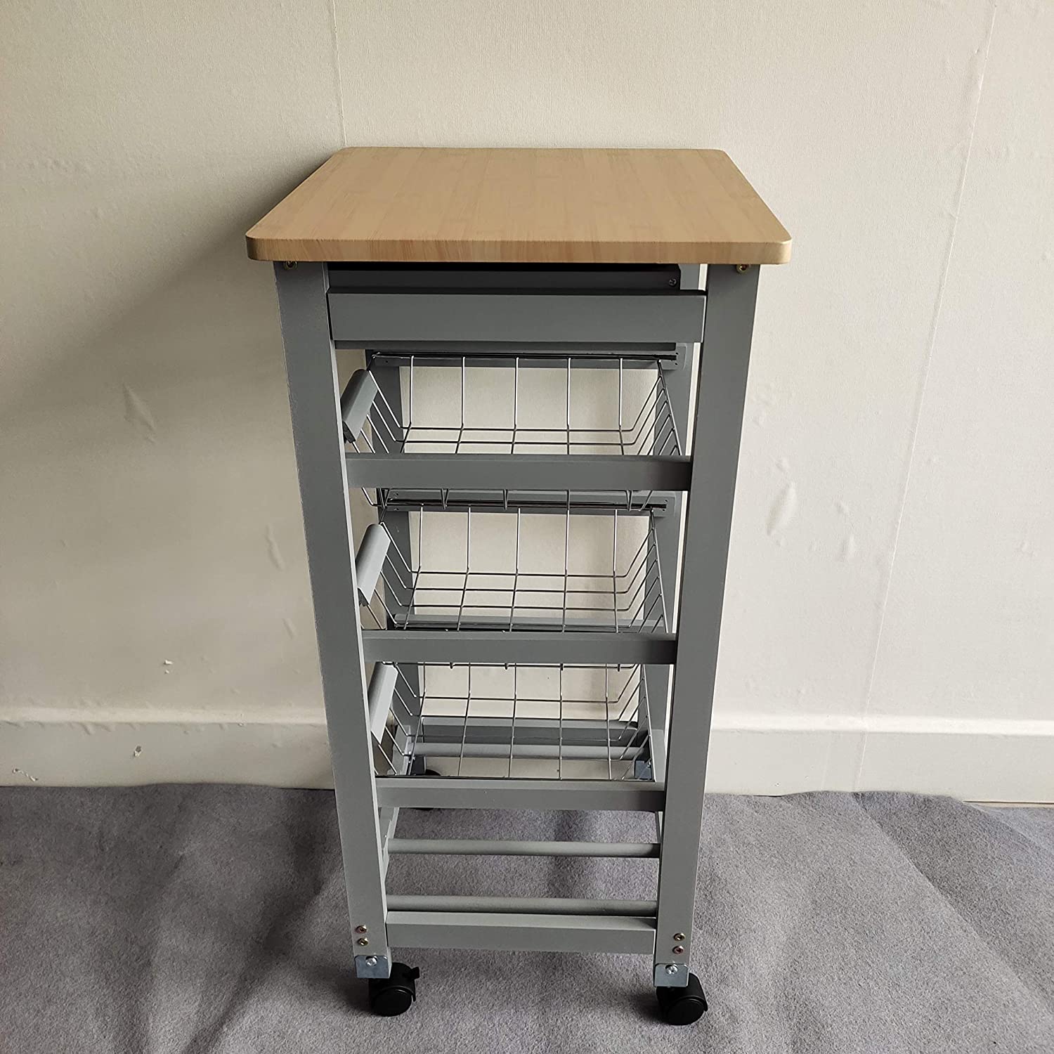 HYGRAD BUILT TO SURVIVE Kitchen Trolley White/Grey Wooden 3 Tier Rolling Basket Organiser Cabinet Cart (3 Basket + 1 Wine Rack) HYGRAD BUILT TO SURVIVE